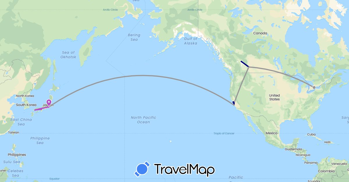 TravelMap itinerary: driving, plane, train in Canada, Japan, United States (Asia, North America)